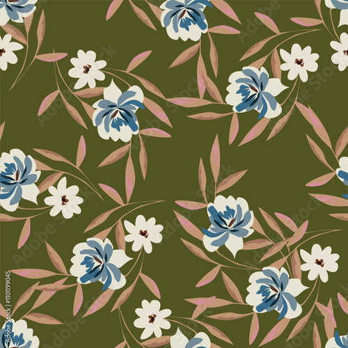 Trendy Floral pattern in the many kind of flowers. Tropical botanical Motifs scattered random. Seamless vector texture. Printing with in hand drawn style on dark background