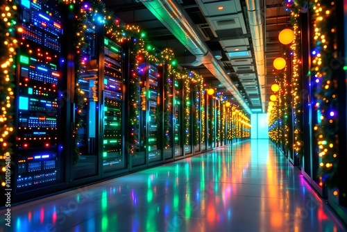 Festive Server Room: Holiday Lights Illuminate Data Center Corridor