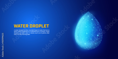 Digital water droplets on dark blue background, suitable for illustrations of technological developments and nature conservation.