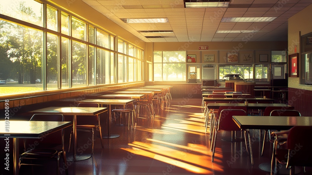 Sunlit School Cafeteria: An Empty Room bathed in Golden Hour Light Sunlit School Cafeteria: An Empty Room bathed in Golden Hour Light