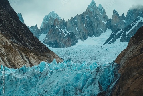 Eisige Gletscher Landschaft mit spitzigen Bergen  photo