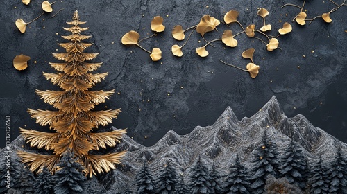 3D abstract art background with golden and teal leaves on dark blue, wallpaper design for wall decoration in the style of interior mural poster print modern painting