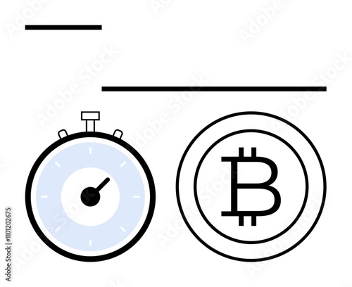 Stopwatch with white dial Bitcoin symbol within circle horizontal lines. Ideal for finance, cryptocurrency, time management, speed, digital transactions, technology, investment. Line metaphor