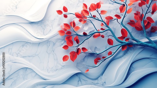 3D abstract art background with golden and teal leaves on dark blue, wallpaper design for wall decoration in the style of interior mural poster print modern painting