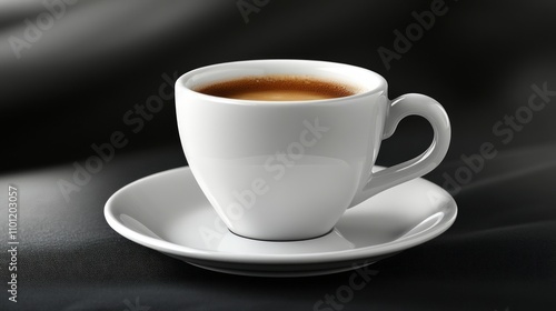 A white cup of coffee on a saucer, elegantly placed on a dark fabric background.