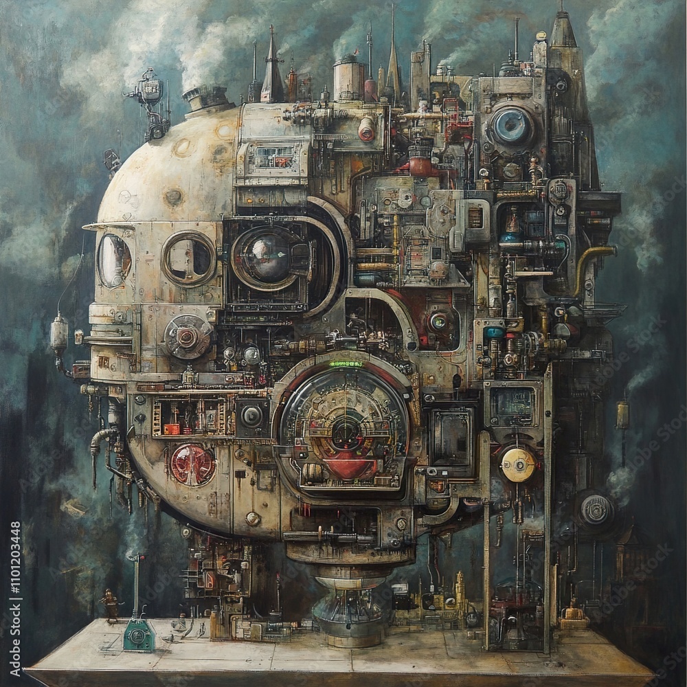 Steampunk Machine: A Detailed Fantasy Painting of a Complex Clockwork Mechanism Steampunk Machine: A Detailed Fantasy Painting of a Complex Clockwork Mechanism