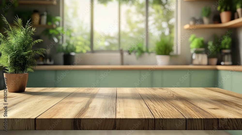 Fototapeta premium Wooden table in a bright, plant-filled kitchen.