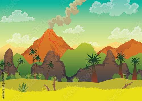 Prehistoric landscape - volcano with smoke, mountains, and green plants. Vector illustration of beautiful prehistoric landscape