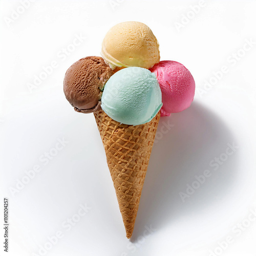 Colorful ice cream scoops and waffle cone on white background