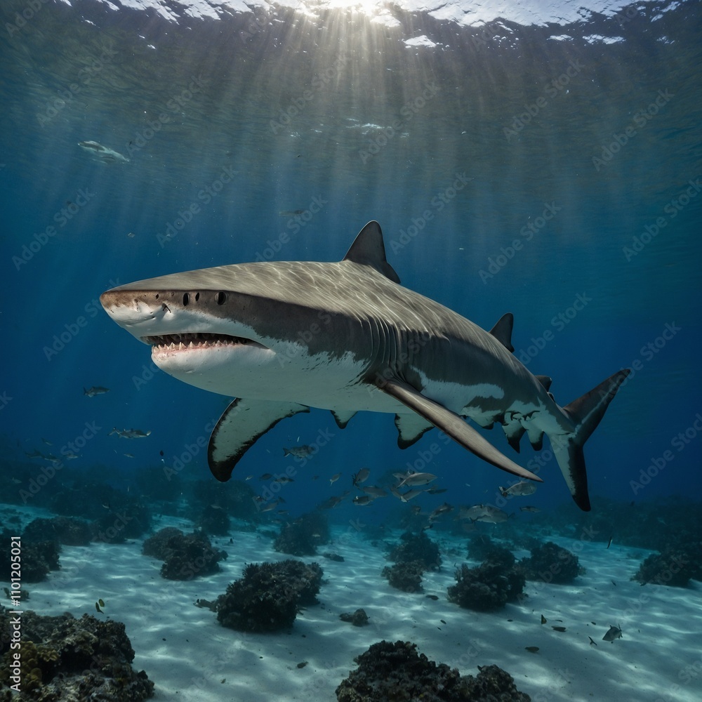 Fototapeta premium A tiger shark cruising gracefully in a deep, clear sea.