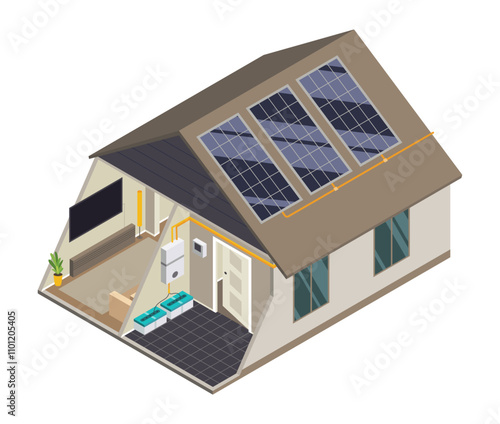 Solar cell home isometric. Renewable energy model equipment, component of grid inverter system. Ecology energy saving concept for free energy. House power energy supply