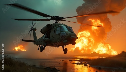 A military helicopter flying above a war zone with explosions in the background photo