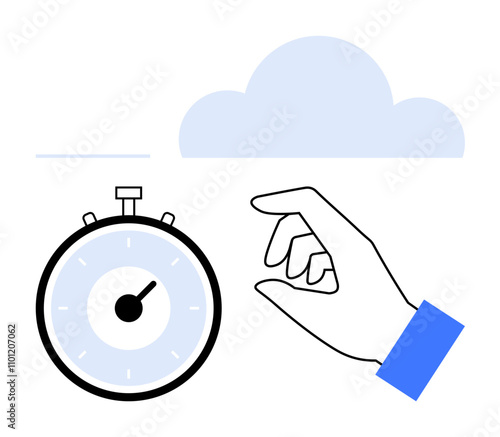 Hand reaching for a stopwatch beneath a cloud. Ideal for productivity, time, efficiency, scheduling, planning, cloud computing, digital technology. Line metaphor