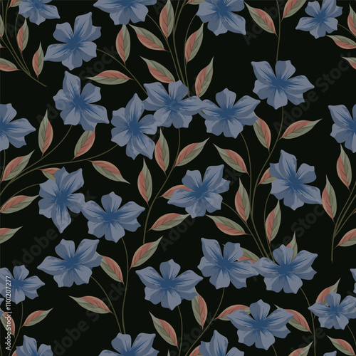 Trendy Floral pattern in the many kind of flowers. Tropical botanical Motifs scattered random. Seamless vector texture. Printing with in hand drawn style on dark background