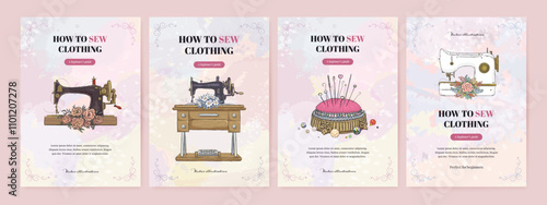 Sewing studio banner design set. Workshop flyer with hand drawn vector sew element. Vintage clothing guide, web courses advertisement wallpaper. Dressmaker retro card