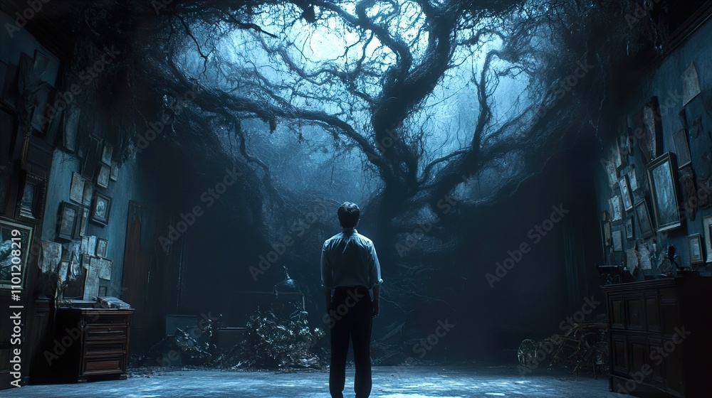 Surreal Man in a Dark Room with an Enigmatic Tree Surreal Man in a Dark Room with an Enigmatic Tree