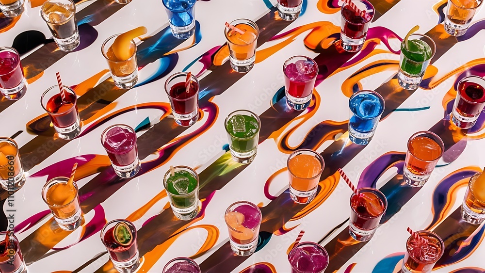 Obraz premium Set of colorful alcoholic cocktails in shot glasses isolated on white with reflection. Colletion of shooters