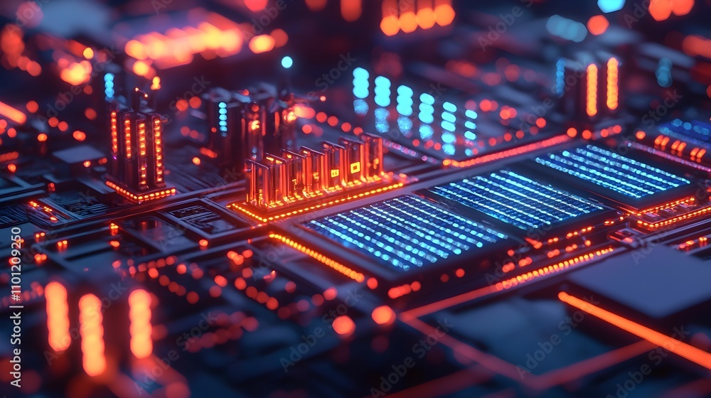 Obraz premium Futuristic Circuit Board with Red and Blue Lights