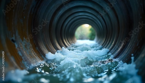 A gushing water pipe, with water flowing rapidly inside photo