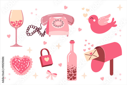 Valentine's day cute elements, icon set, stickers collection, clipart.  Love Letters, Gifts, Bird, Wine Glass. Vector illustration photo