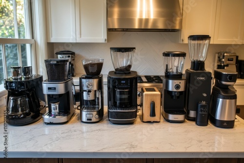 Seven coffee makers and grinders on countertop. photo