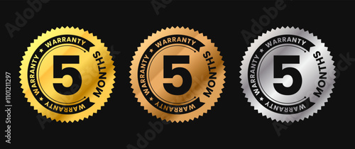 5 months warranty icon in gold circle with circular text. Five months warranty label in gold, bronze, silver colors. Vector illustration