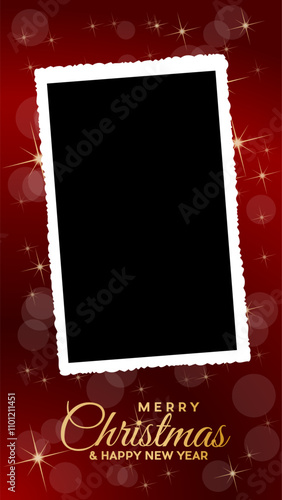 Vertical photo frame wishing merry christmas and happy new year on red background