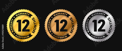 12 months warranty icon in gold circle with circular text. Twelve months warranty label in gold, bronze, silver colors. Vector illustration