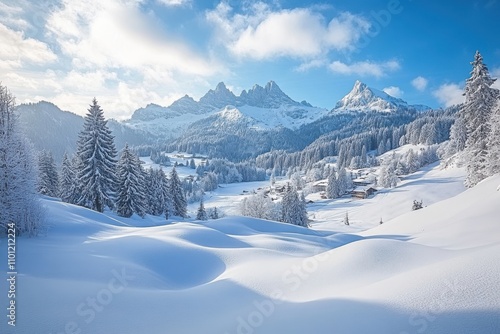 Winter scene in kleinwalsertal showcasing majestic widderstein, hirschegg, heuberg, and hoher ifen summits