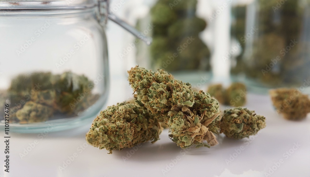 Fresh Cannabis Buds Displayed on White Surface, Glass Jars in Natural Light Fresh Cannabis Buds Displayed on White Surface, Glass Jars in Natural Light