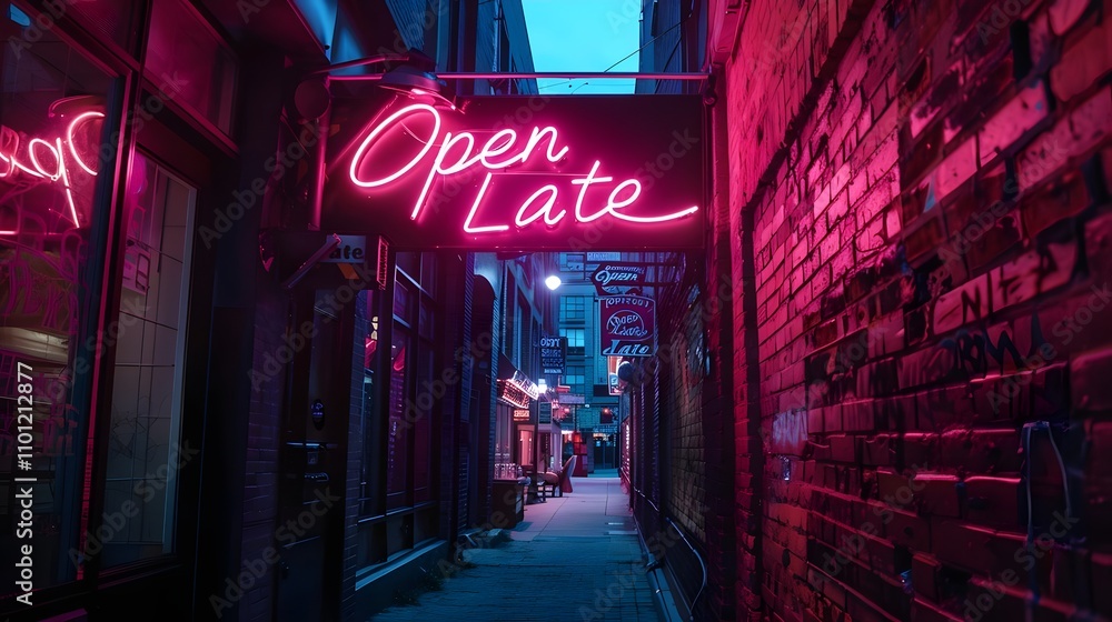 A neon-lit alleyway featuring an A neon-lit alleyway featuring an