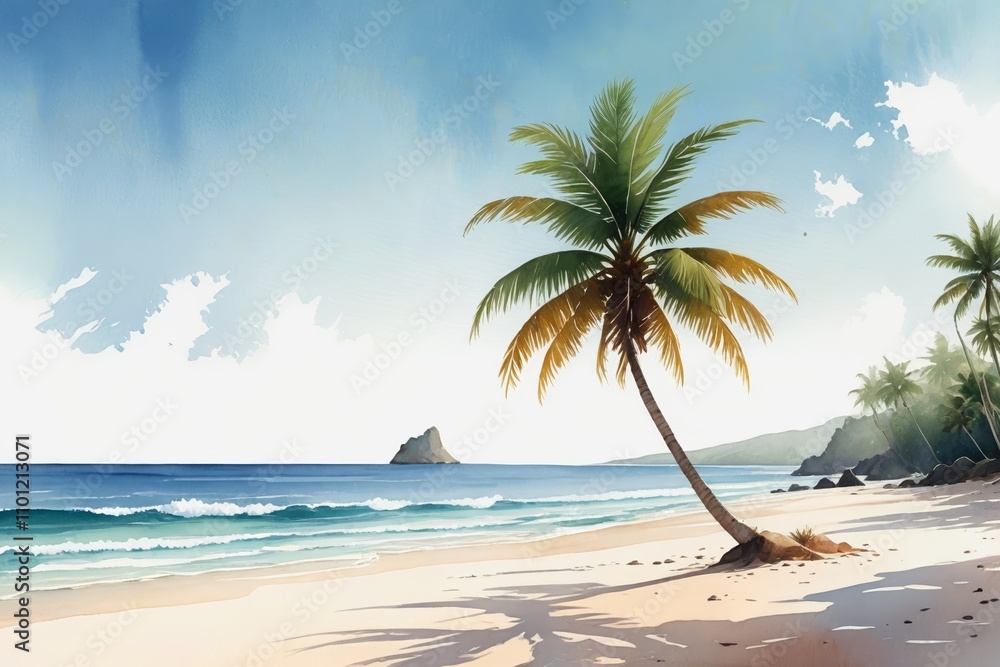 Naklejka premium there is a painting of a palm tree on the beach