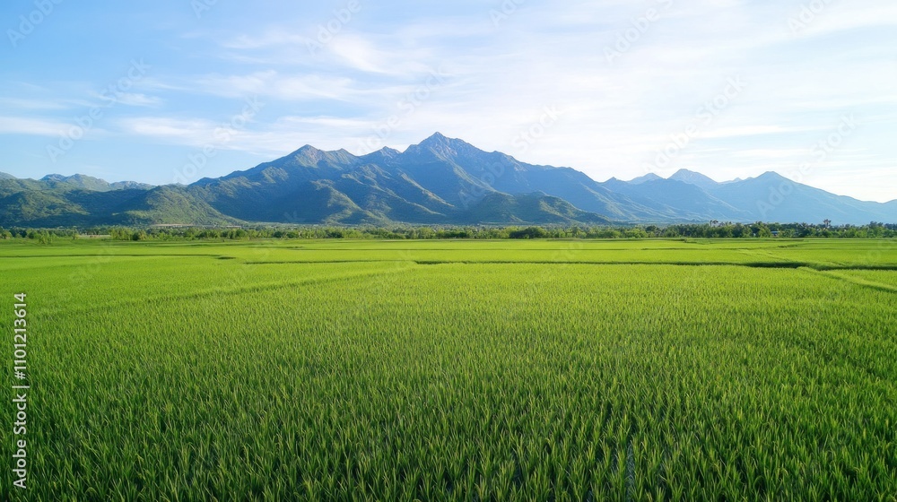 Fototapeta premium Vast lush green rice fields stretch across the landscape with green mountains in the background wallpaper AI generated image