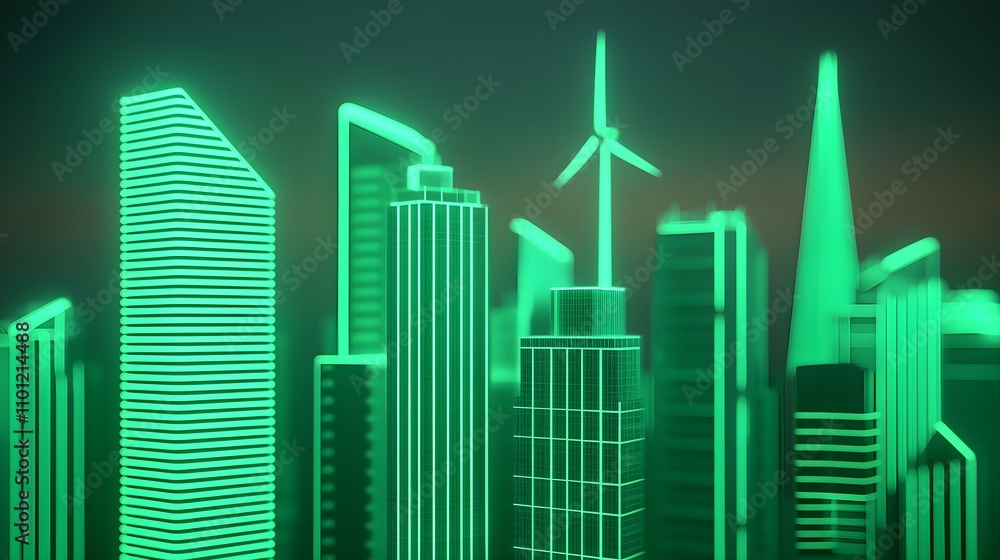 Fototapeta premium Green Cityscape with Wind Turbine, Eco-Friendly City