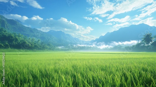 Vast lush green rice fields stretch across the landscape with green mountains in the background wallpaper AI generated image