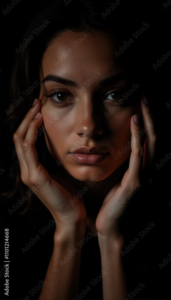 Fototapeta premium Expressive Portrait of a Woman Framing Her Face with Hands, Illuminated by Soft Light Against a Dark Background in a Dramatic and Emotional Style