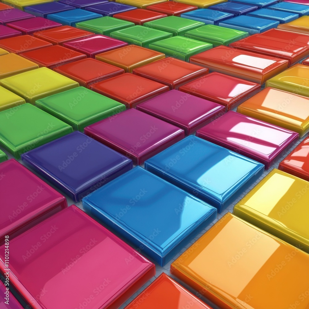 Fototapeta premium Vibrant array of colorful glossy tiles in various shades, creating a playful and modern aesthetic.