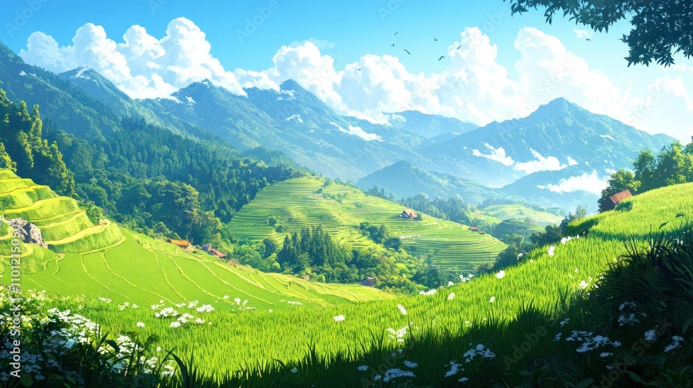 Obraz premium Green, hilly rice fields, with cool mountain ranges towering in the distance. Clear blue sky background wallpaper AI generated image