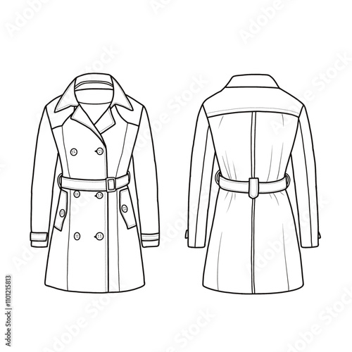 Women's pea coat double-breasted coat long winter trench coat with belt line art, front and back view.