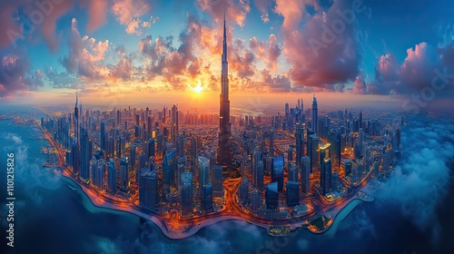 dubai skyline at night little planet effect panoramic aerial top view to downtown city center landmark photo