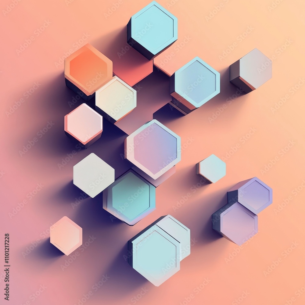 Fototapeta premium A vibrant composition of hexagonal shapes in soft pastel colors, creating a playful yet modern abstract design.