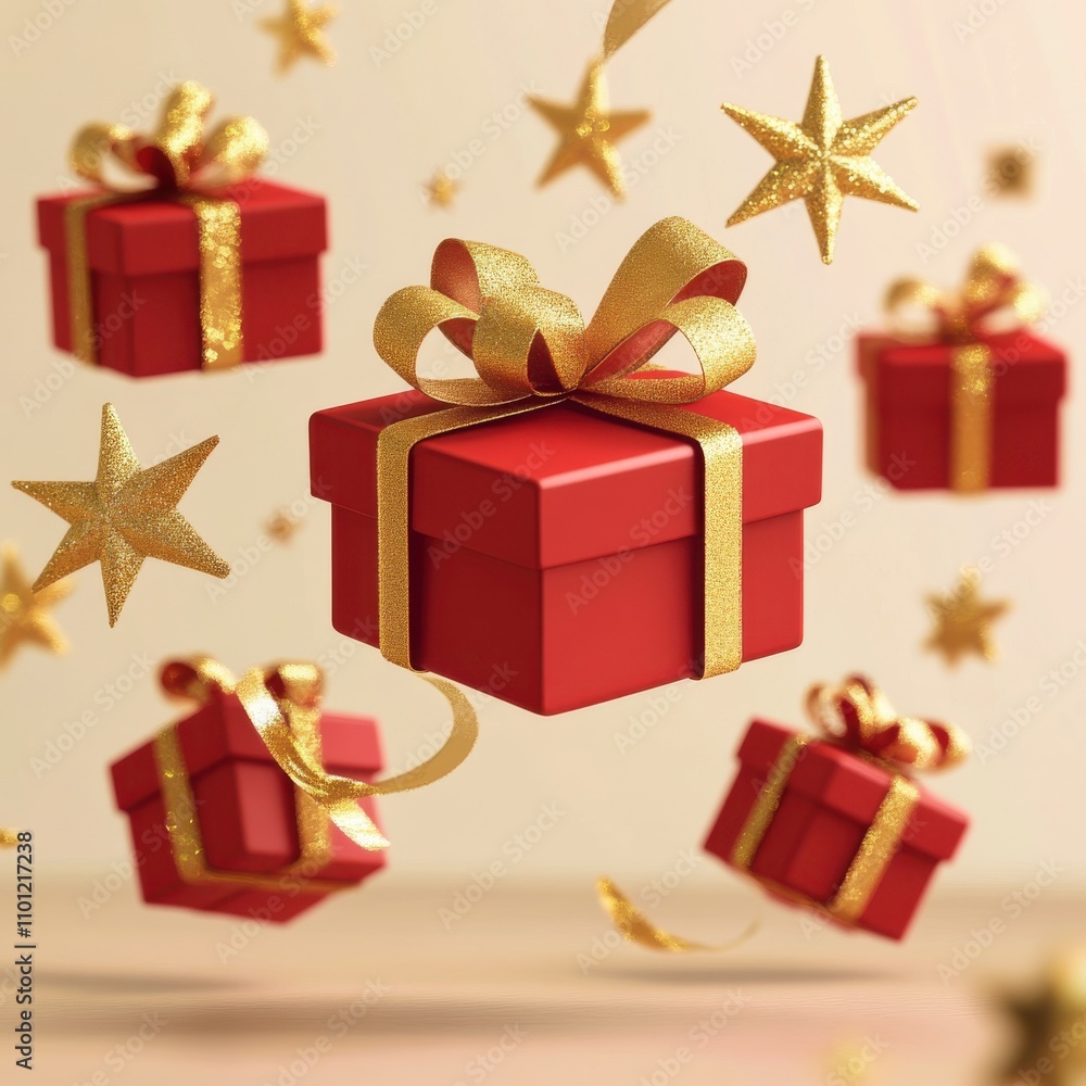 Festive red gift boxes with golden ribbons surrounded by shimmering stars, creating a joyful holiday atmosphere. Festive red gift boxes with golden ribbons surrounded by shimmering stars, creating a joyful holiday atmosphere.