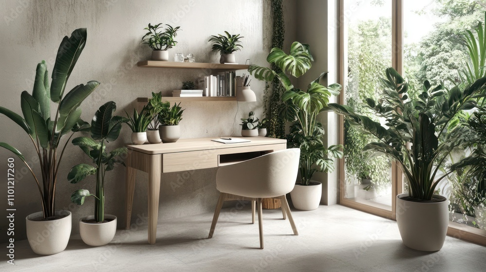 Fototapeta premium Minimalist office with modern desk and minimalist furniture. Elegant arrangement of plants displayed on open shelves background wallpaper AI generated image