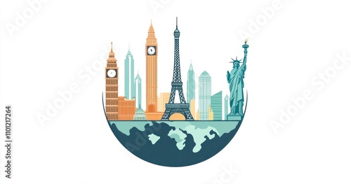 A globe with famous landmarks from around the world