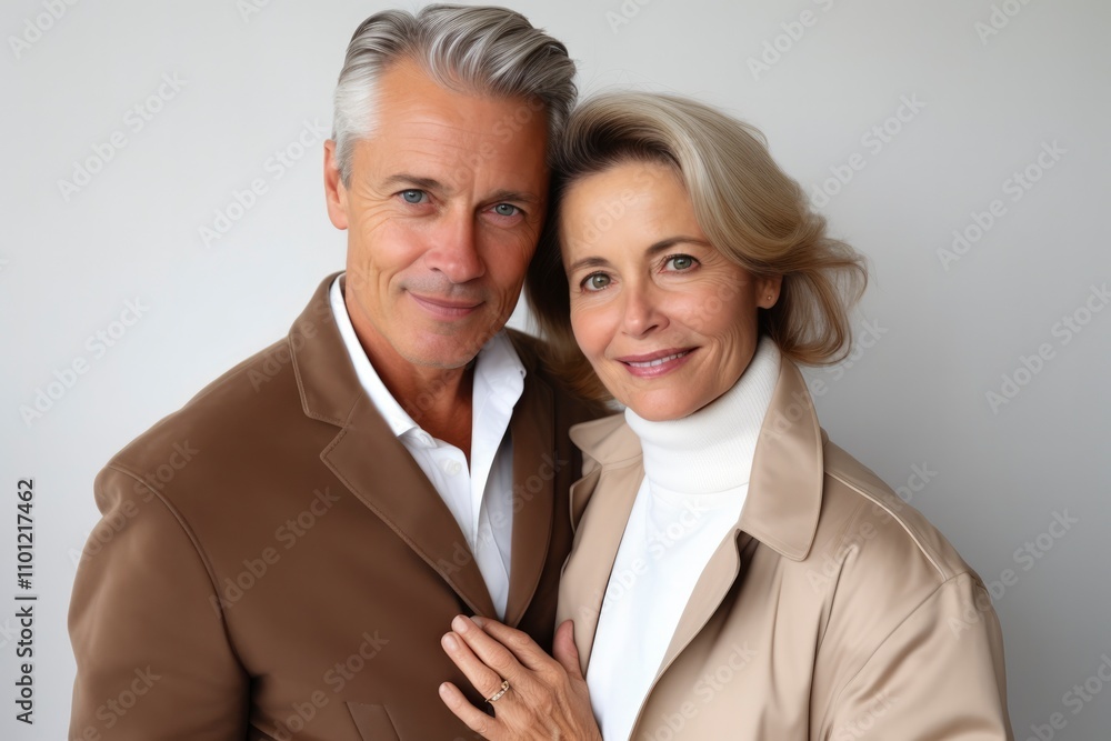 Family couple in love man and woman middle aged smiling on light background, portrait. Beautiful happy people 45-55 years old in business clothes, adult businessmen, modern pensioners Family couple in love man and woman middle aged smiling on light background, portrait. Beautiful happy people 45-55 years old in business clothes, adult businessmen, modern pensioners