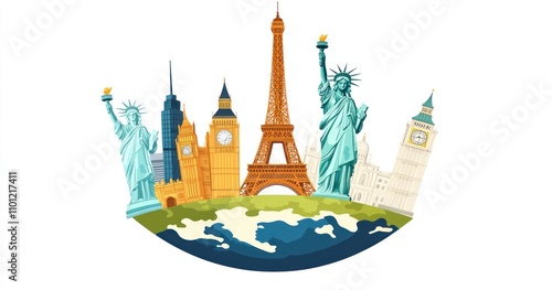 A globe with famous landmarks from around the world