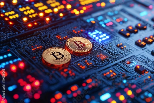 Close-up of Bitcoin coins on a computer circuit board with colorful lights, symbolizing the digital currency era. photo