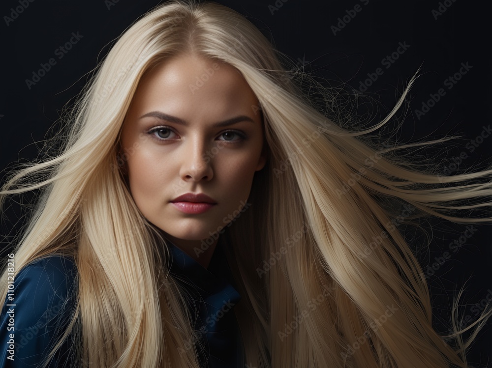 Fototapeta premium Portret kobiety z długimi blond włosami na ciemnym tle
