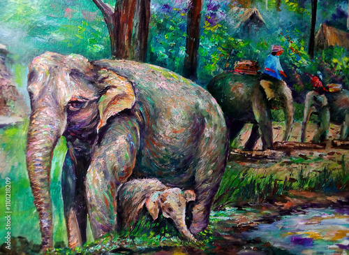 Art painting Oil color Elephant family thailand	