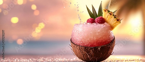 Colorful tropical drink served in a coconut with fruits, perfect for summer vibes and beach relaxation. photo